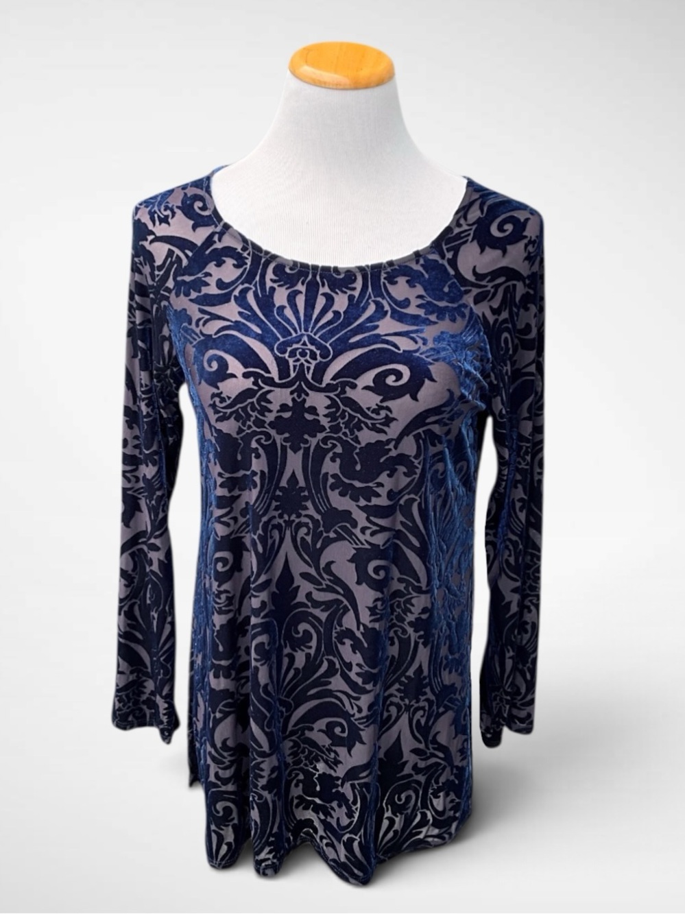 Karen Kane Navy Blue Burnout Velvet Damask Long-Sleeve Top